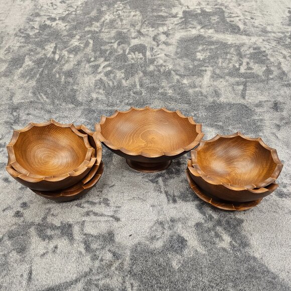Vintage Woodcraftery wooden bowl set 1 large 7 small scalloped edges MCM - Picture 2 of 15